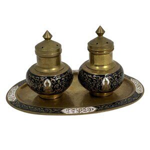 Vintage Brass + Enamel Cloisonne Salt and Pepper Shakers w/ Tray